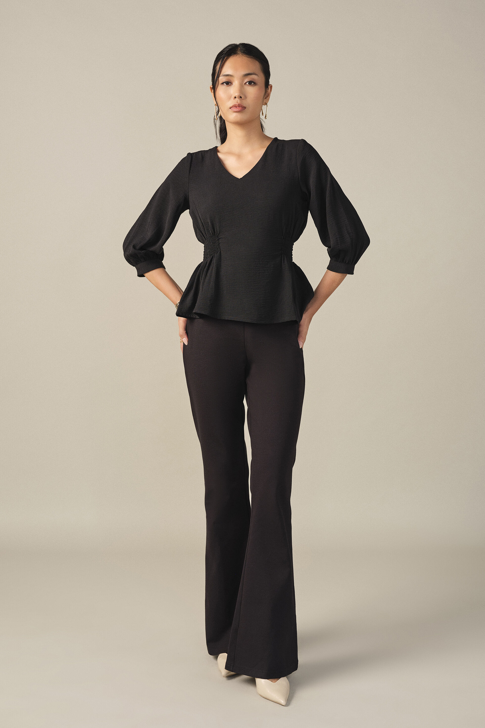 Side Smocked Top in Black, Black, image 2